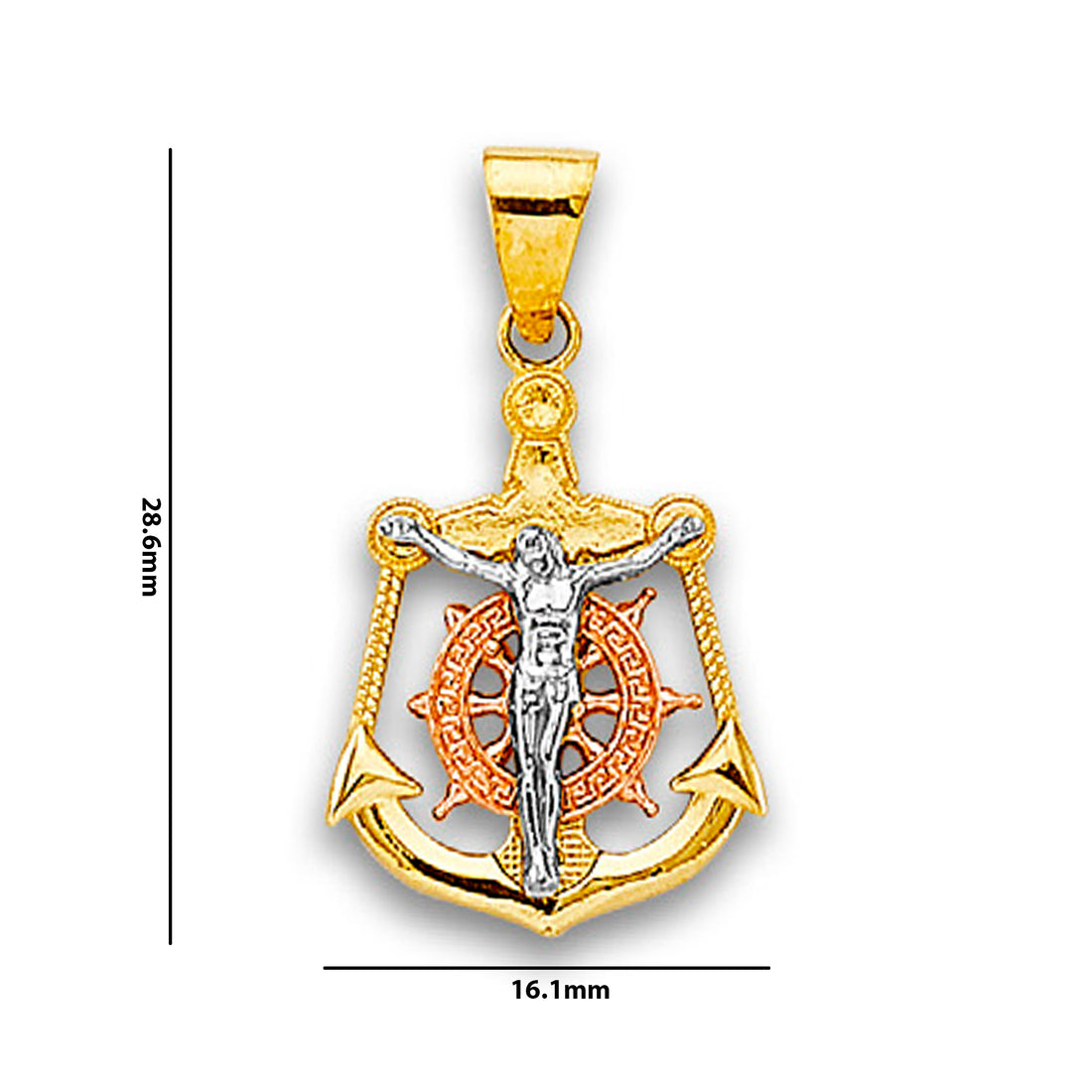 Tri Tone Gold High Polished Nautical Anchor Religious Jesus Crucifix Pendant with Measurement