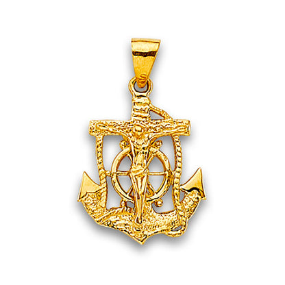Yellow Gold Lose Rope Nautical Anchor Jesus Crucifix Pendant