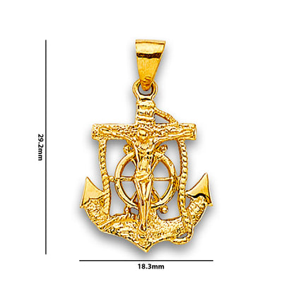 Yellow Gold Lose Rope Nautical Anchor Jesus Crucifix Pendant with Measurement