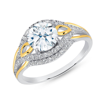 925 Sterling Silver Two Tone Double Halo Pavé Round CZ Engagement Ring