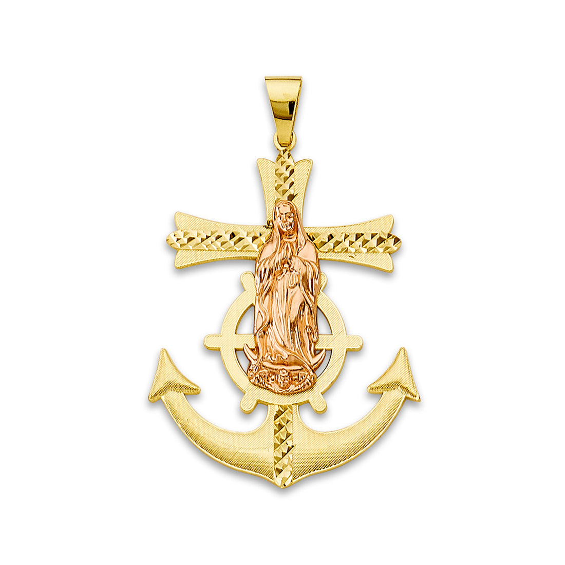 Two Tone Gold Virgin Mary Cross Anchor Mariner Pendant