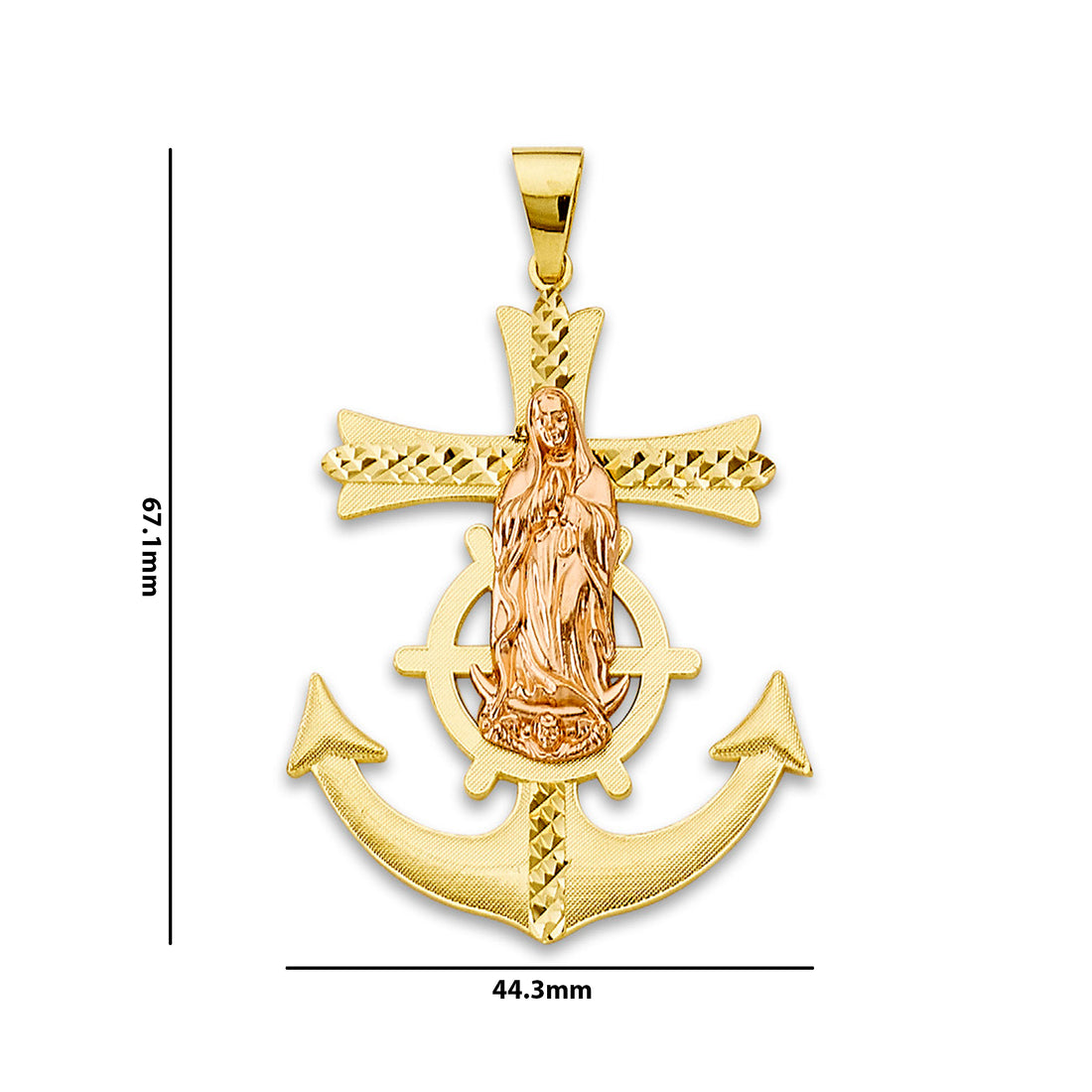 Two Tone Gold Virgin Mary Cross Anchor Mariner Pendant with Measurement