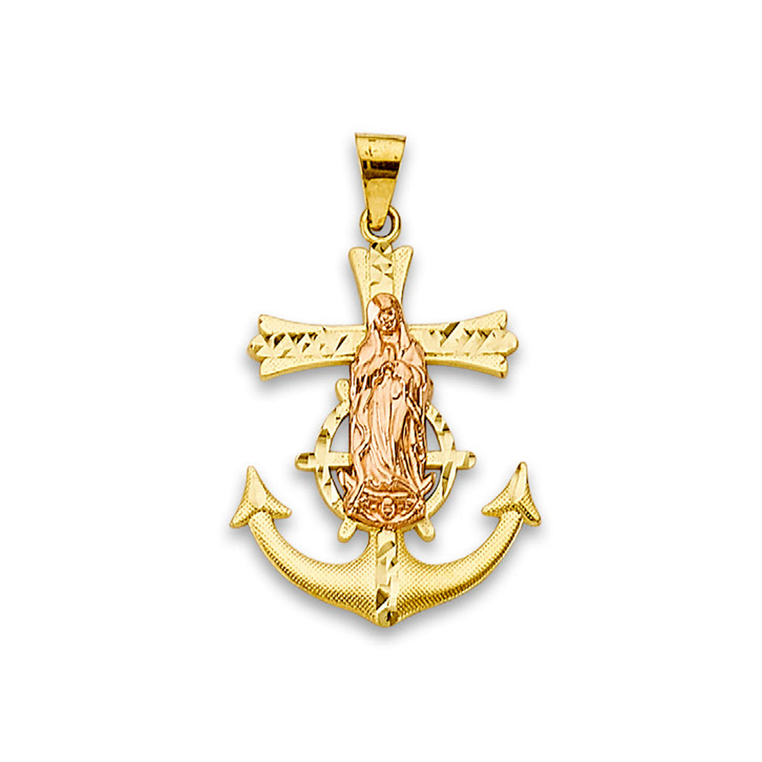 Two Tone Gold Grand Textured Virgin Mary Cross Mariner Wheel Pendant