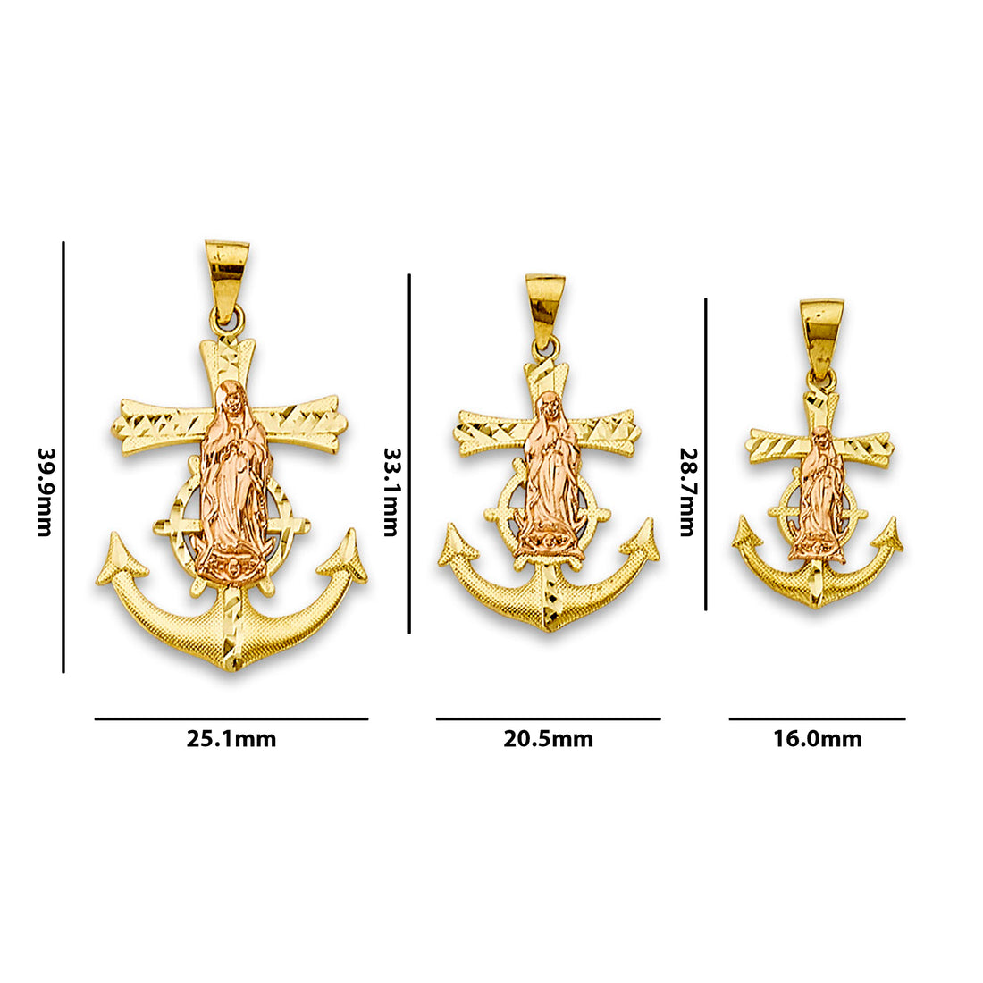 Two Tone Gold Grand Textured Virgin Mary Cross Mariner Wheel Pendant