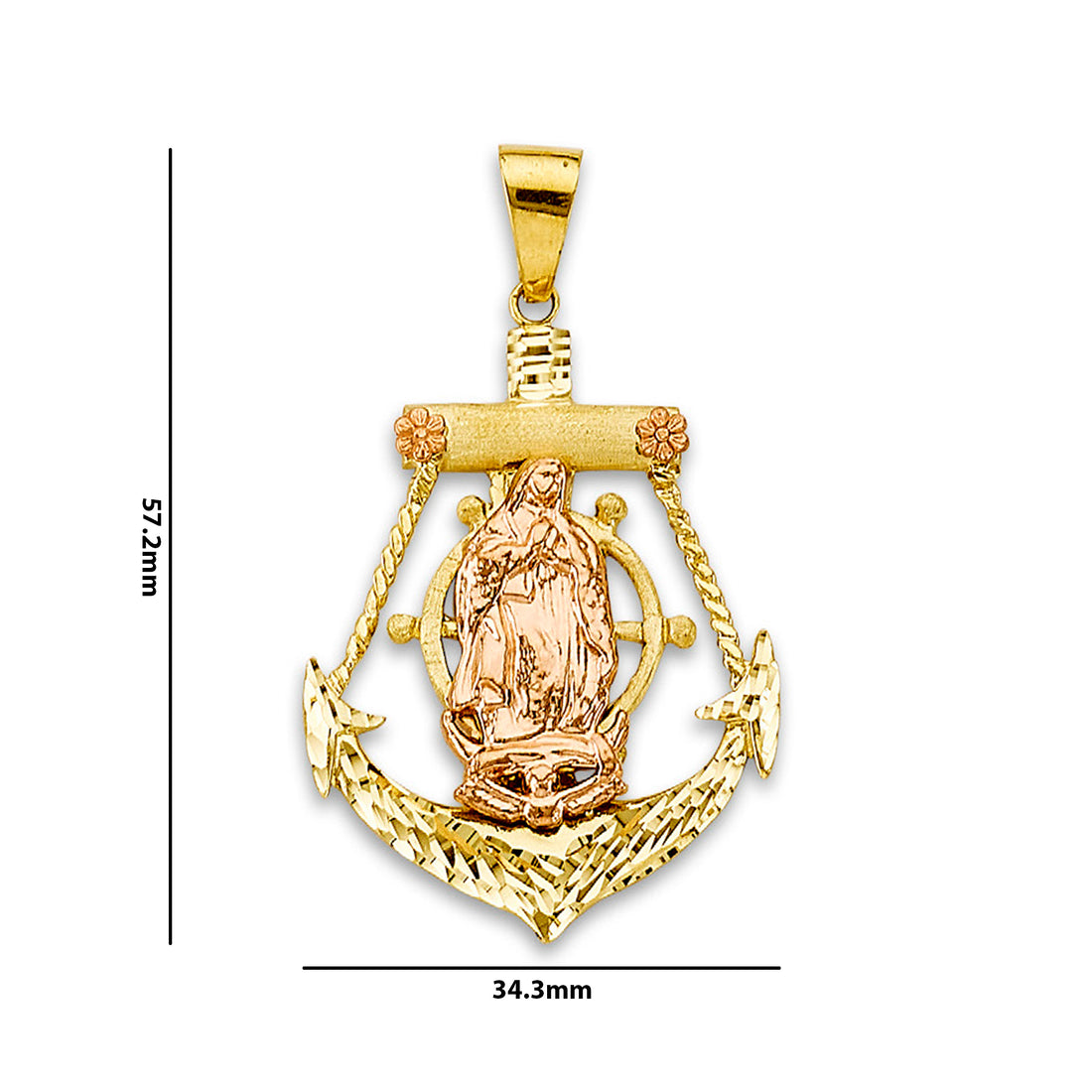 Two Tone Gold Floral Lady of Guadalupe Anchor Religious Pendant with Measurement