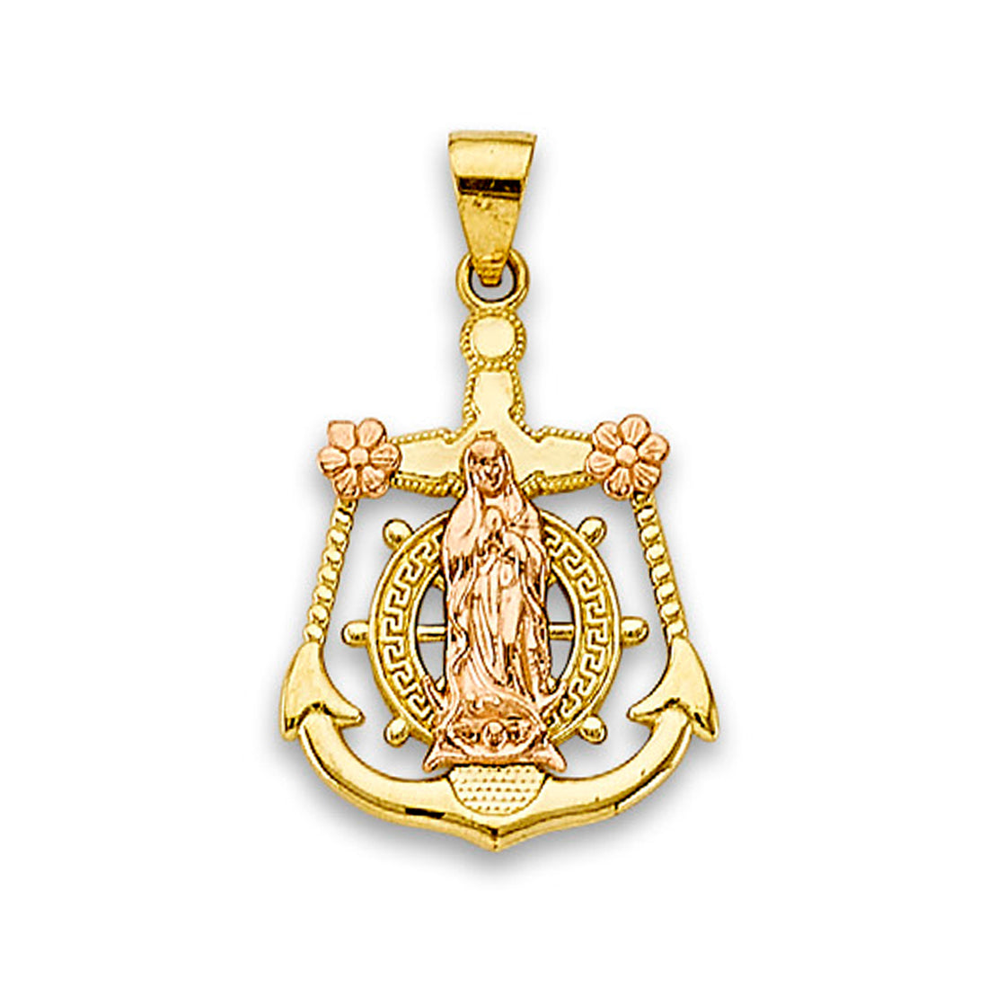 Two Tone Gold Floral Designer Lady of Guadalupe Anchor Pendant