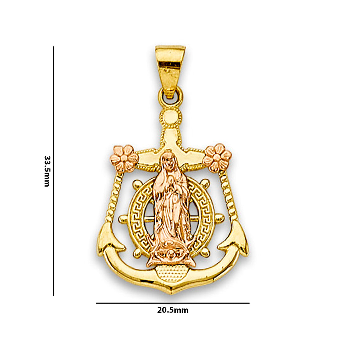 Two Tone Gold Floral Designer Lady of Guadalupe Anchor Pendant with Measurement