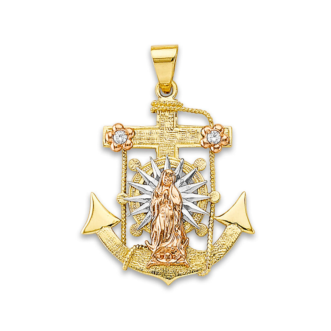 Tri Tone Gold Round CZ Floral Lady of Guadalupe Anchor Pendant