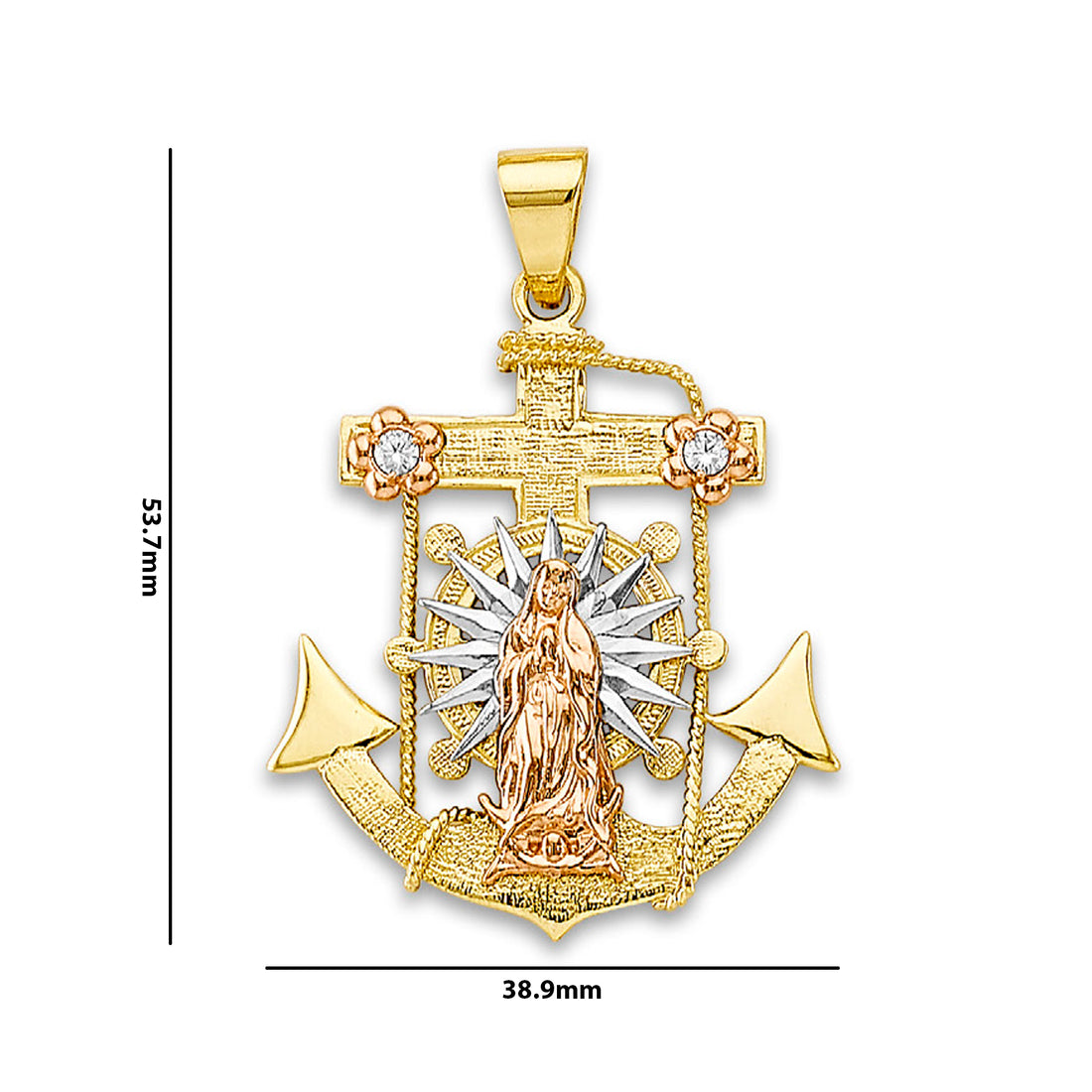 Tri Tone Gold Round CZ Floral Lady of Guadalupe Anchor Pendant with Measurement