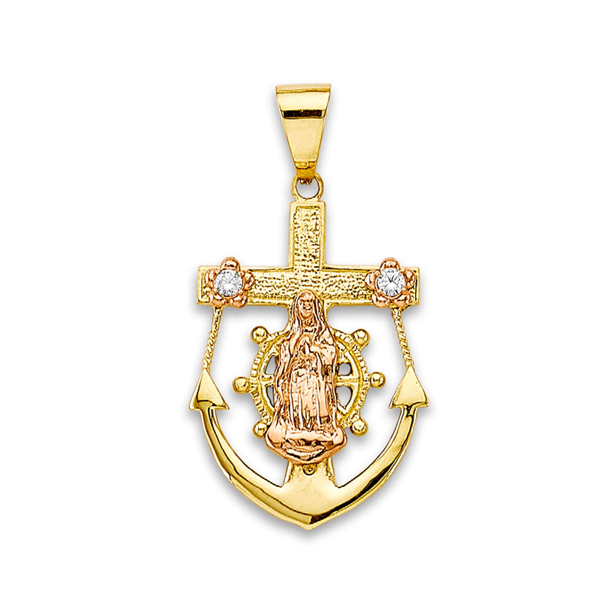 Two Tone Gold Round CZ Floral Lady of Guadalupe Anchor Religious Pendant