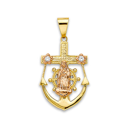 Two Tone Gold Round CZ Floral Lady of Guadalupe Anchor Religious Pendant