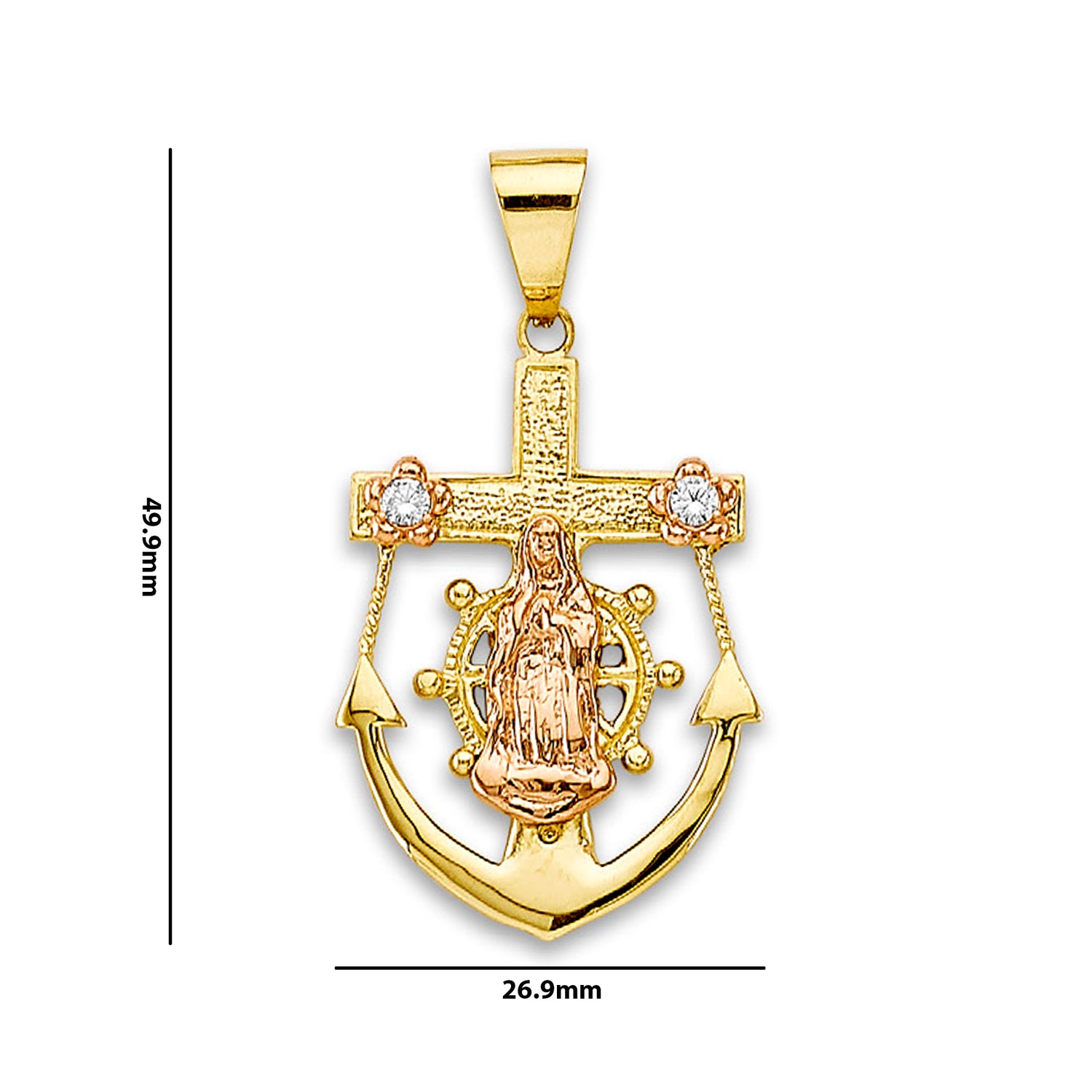 Two Tone Gold Round CZ Floral Lady of Guadalupe Anchor Religious Pendant with Measurement