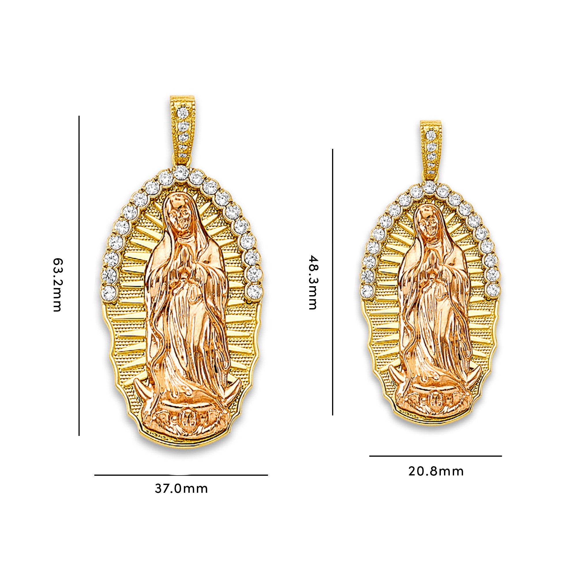 Two Tone Gold Round CZ Grand Micro Pave Virgin Mother Mary Pendant