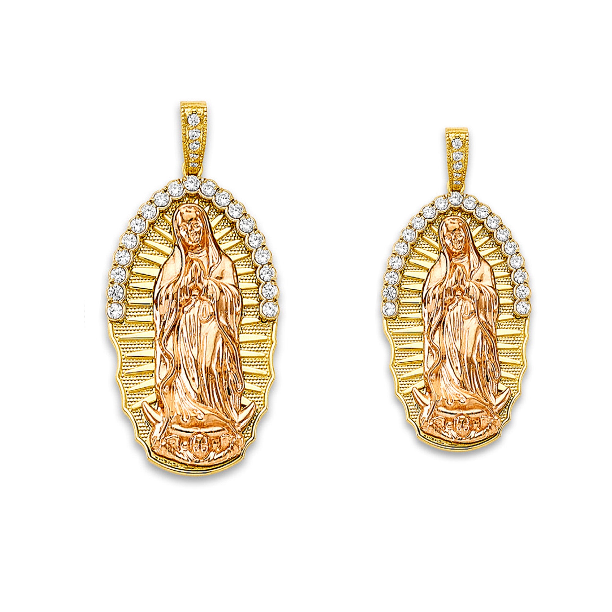 Two Tone Gold Round CZ Grand Micro Pave Virgin Mother Mary Pendant