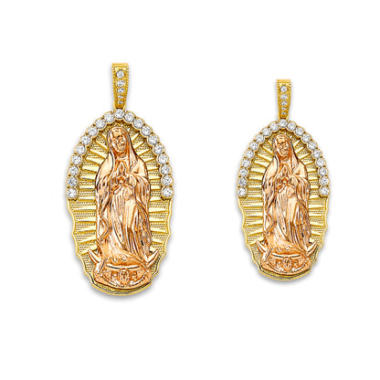 Two Tone Gold Round CZ Grand Micro Pave Virgin Mother Mary Pendant