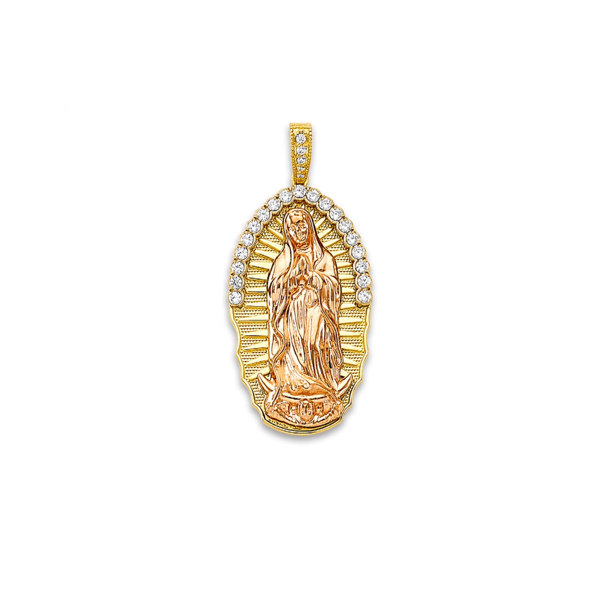 Two Tone Gold Round CZ Grand Micro Pave Virgin Mother Mary Pendant