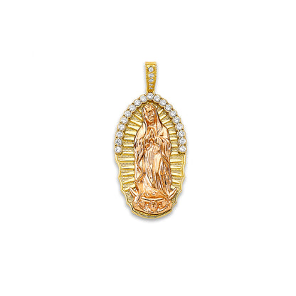 Two Tone Gold Round CZ Grand Micro Pave Virgin Mother Mary Pendant