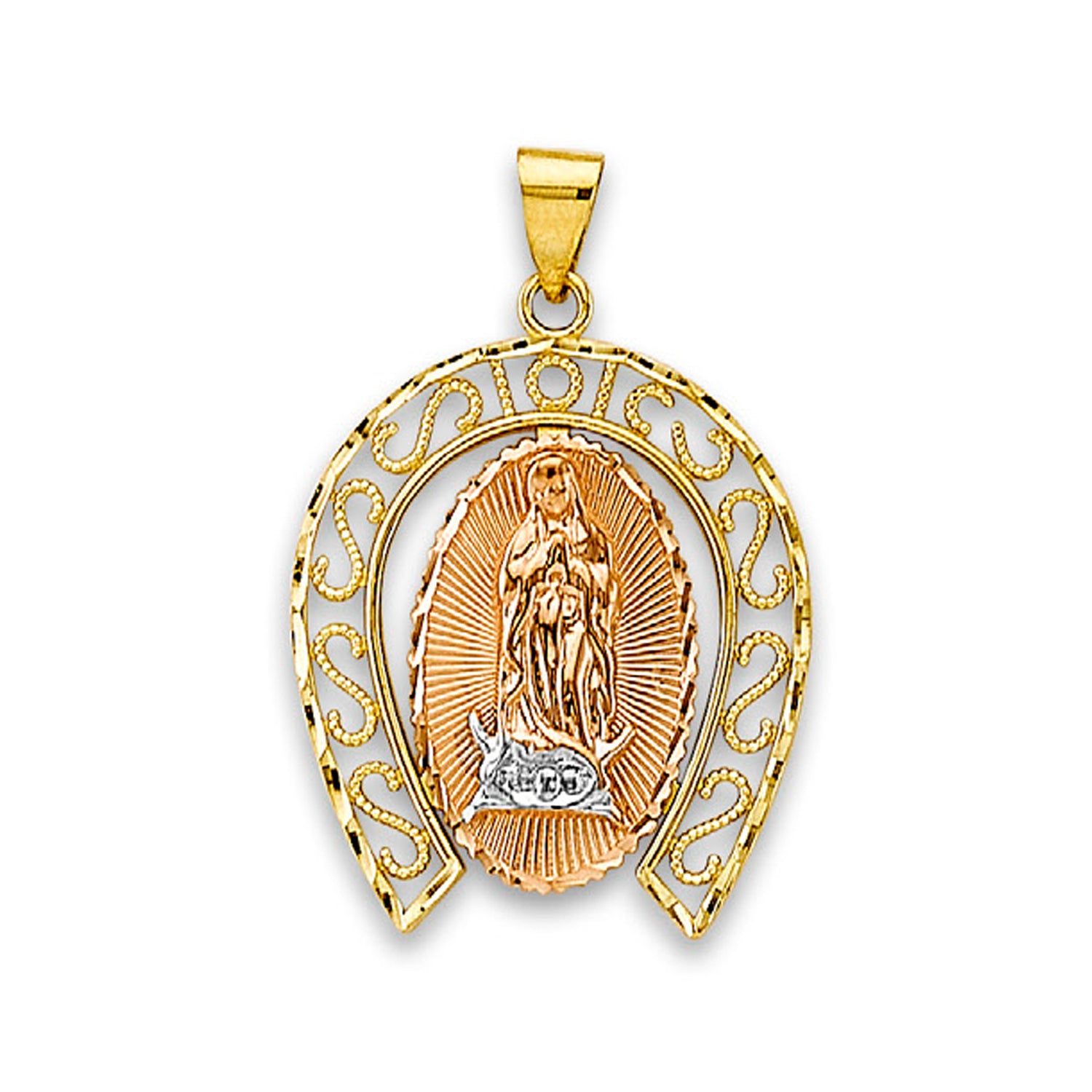 Tri Tone Gold Lady of Guadalupe Filigree Religious Pendant