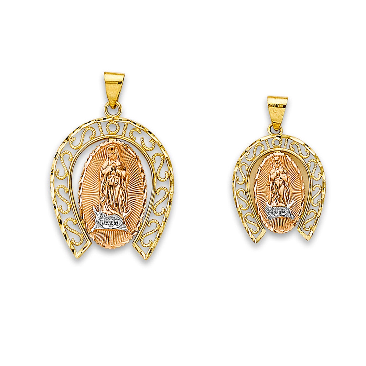 Tri Tone Gold Lady of Guadalupe Filigree Religious Pendant