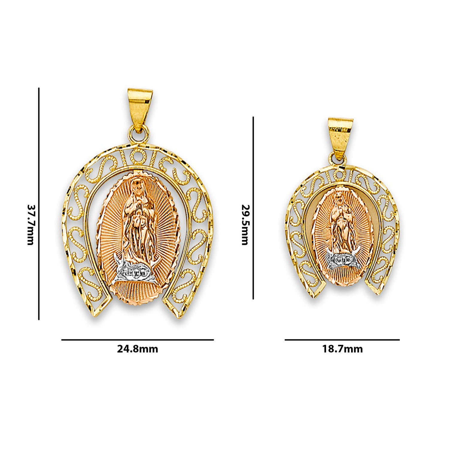 Tri Tone Gold Lady of Guadalupe Filigree Religious Pendant