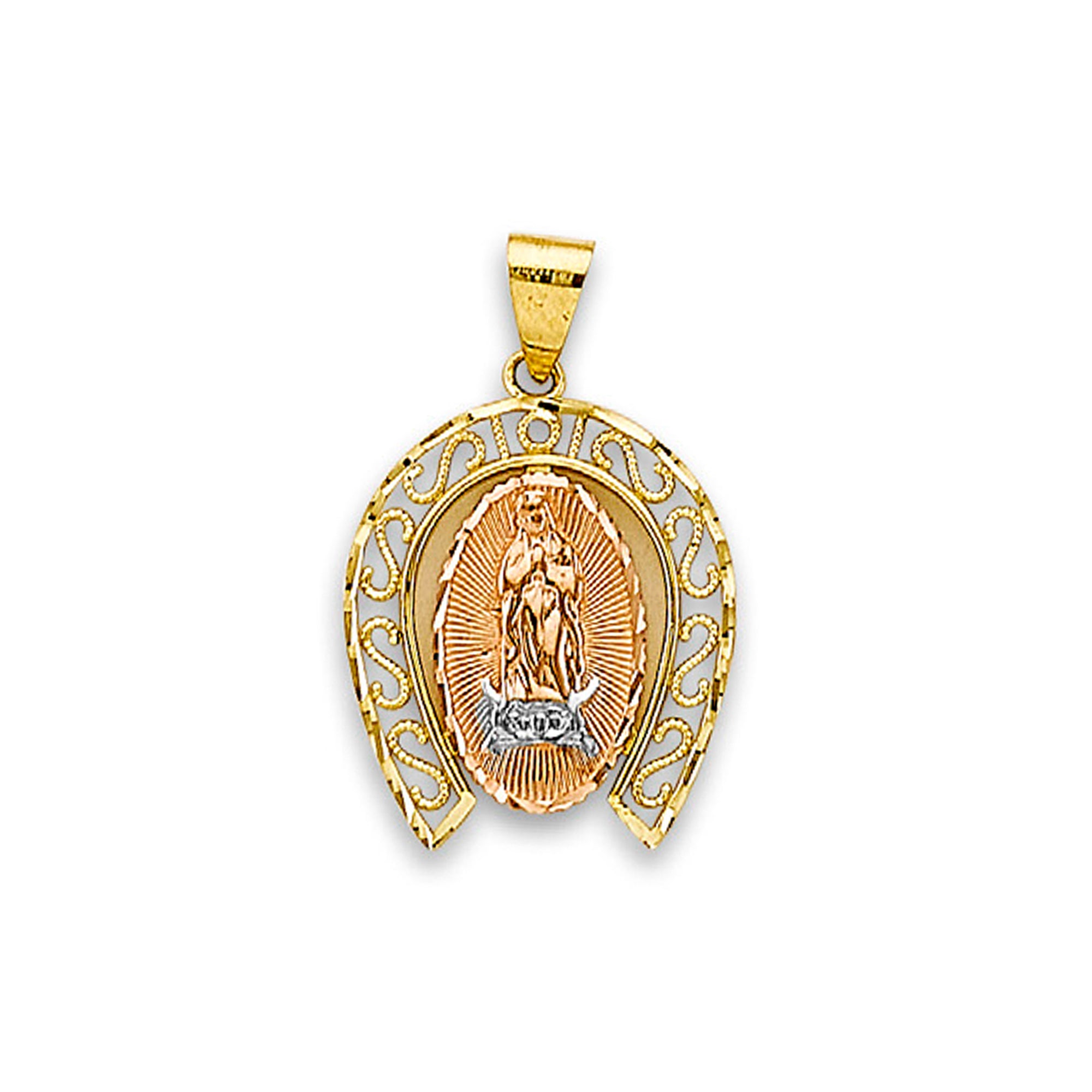 Tri Tone Gold Lady of Guadalupe Filigree Religious Pendant