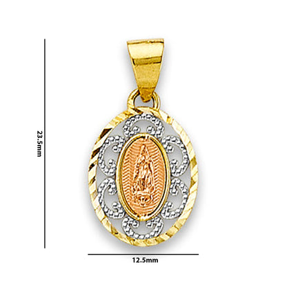 Tri Tone Gold Quinceanera Lady of Guadalupe Pendant with Measurement