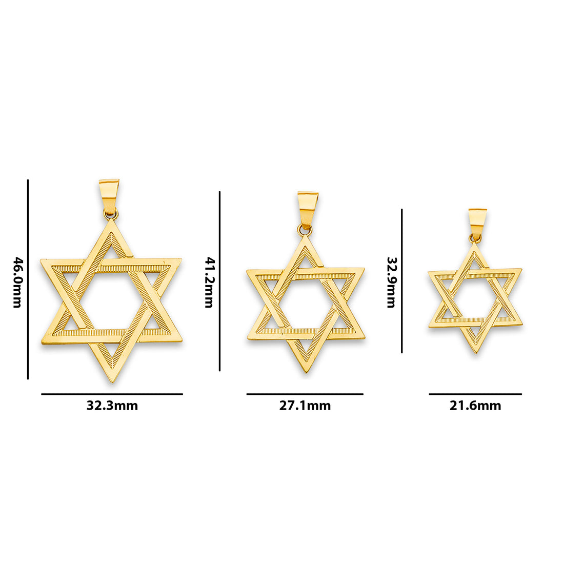 Yellow Gold Minimalist Diamond-cut Star of David Pendant  with Measurement