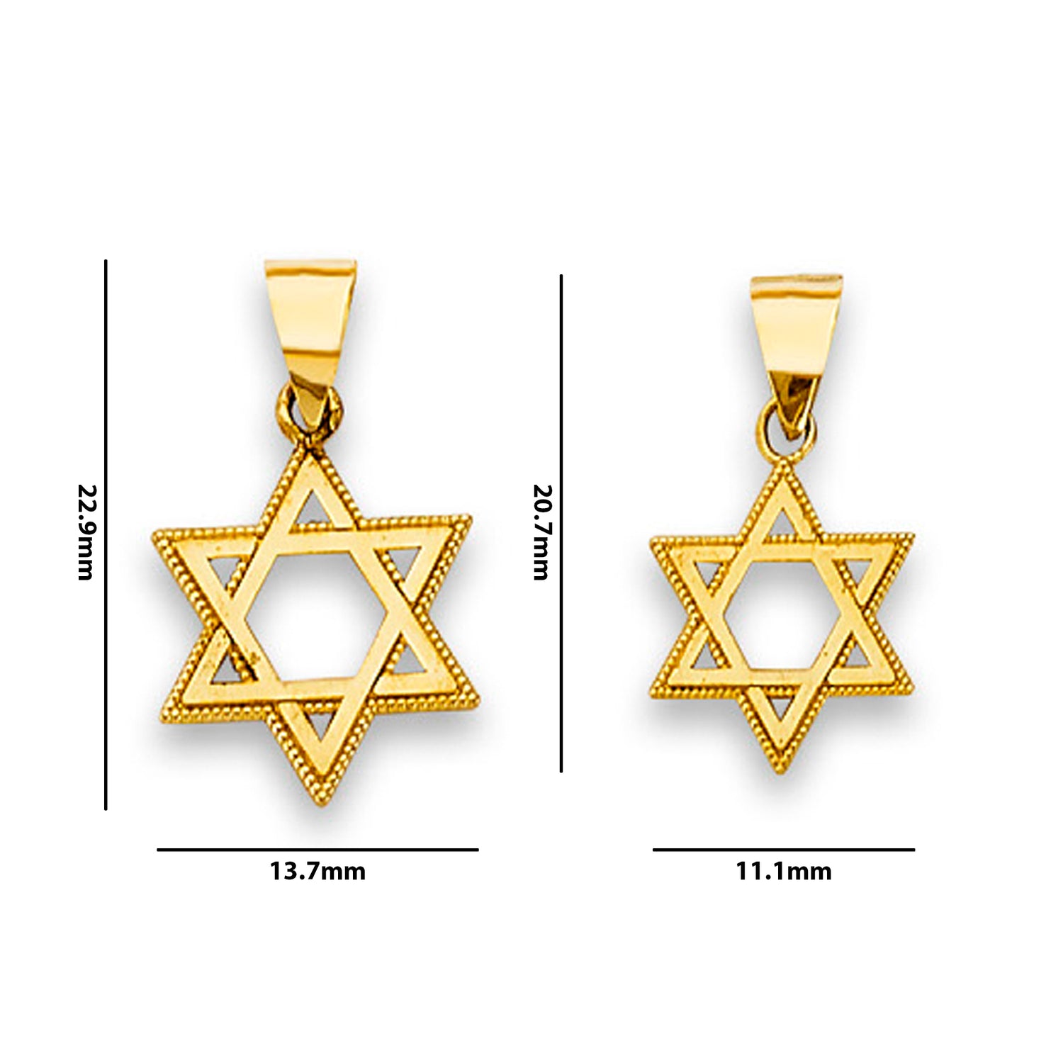 Yellow Gold Milgrain Designer Star of David Pendant  with Measurement