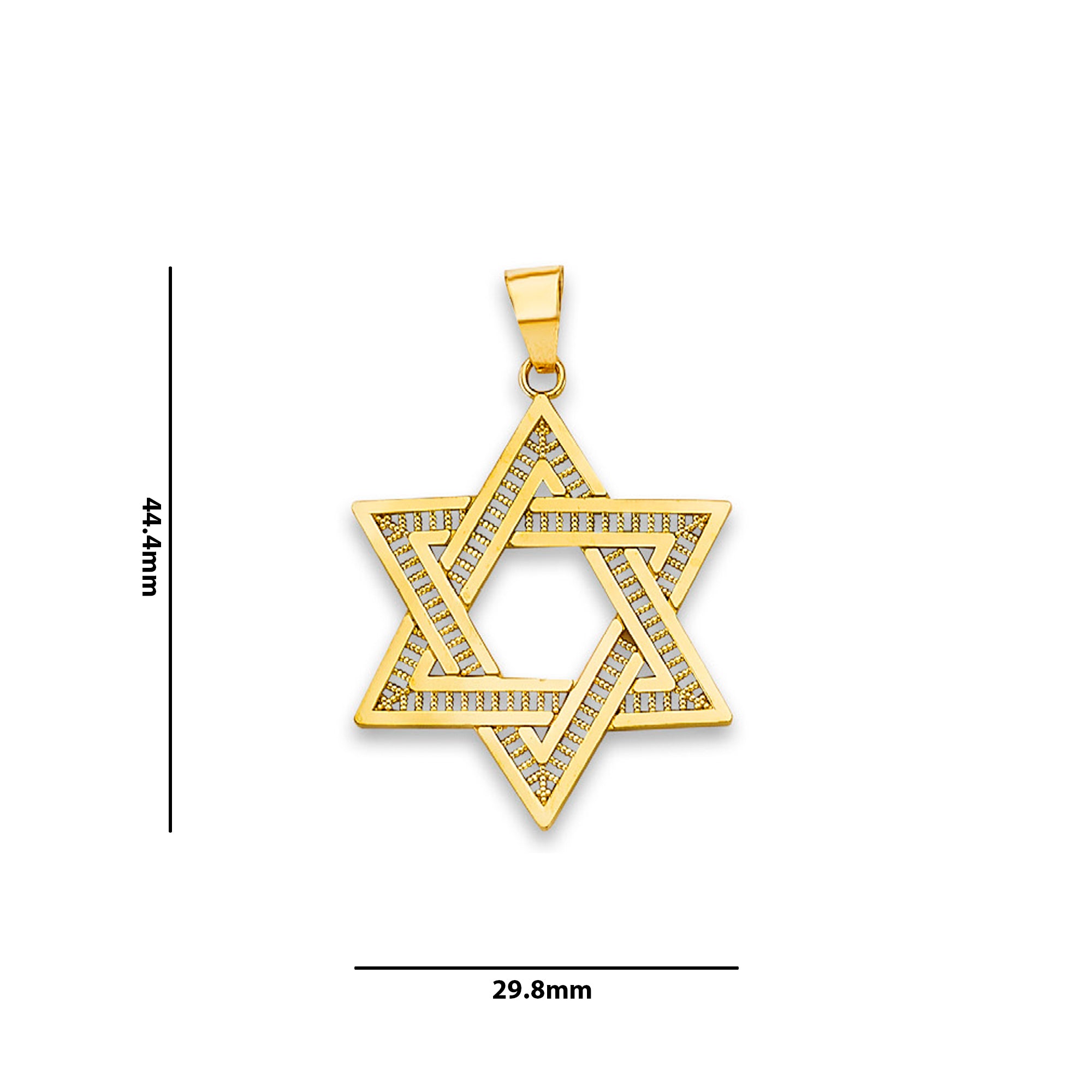 Yellow Gold Filigree Star of David Jewish Pendant with Measurement