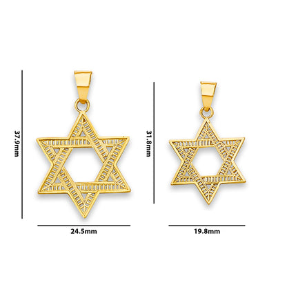Yellow Gold Open Fancy Star of David Religious Pendant with Measurement
