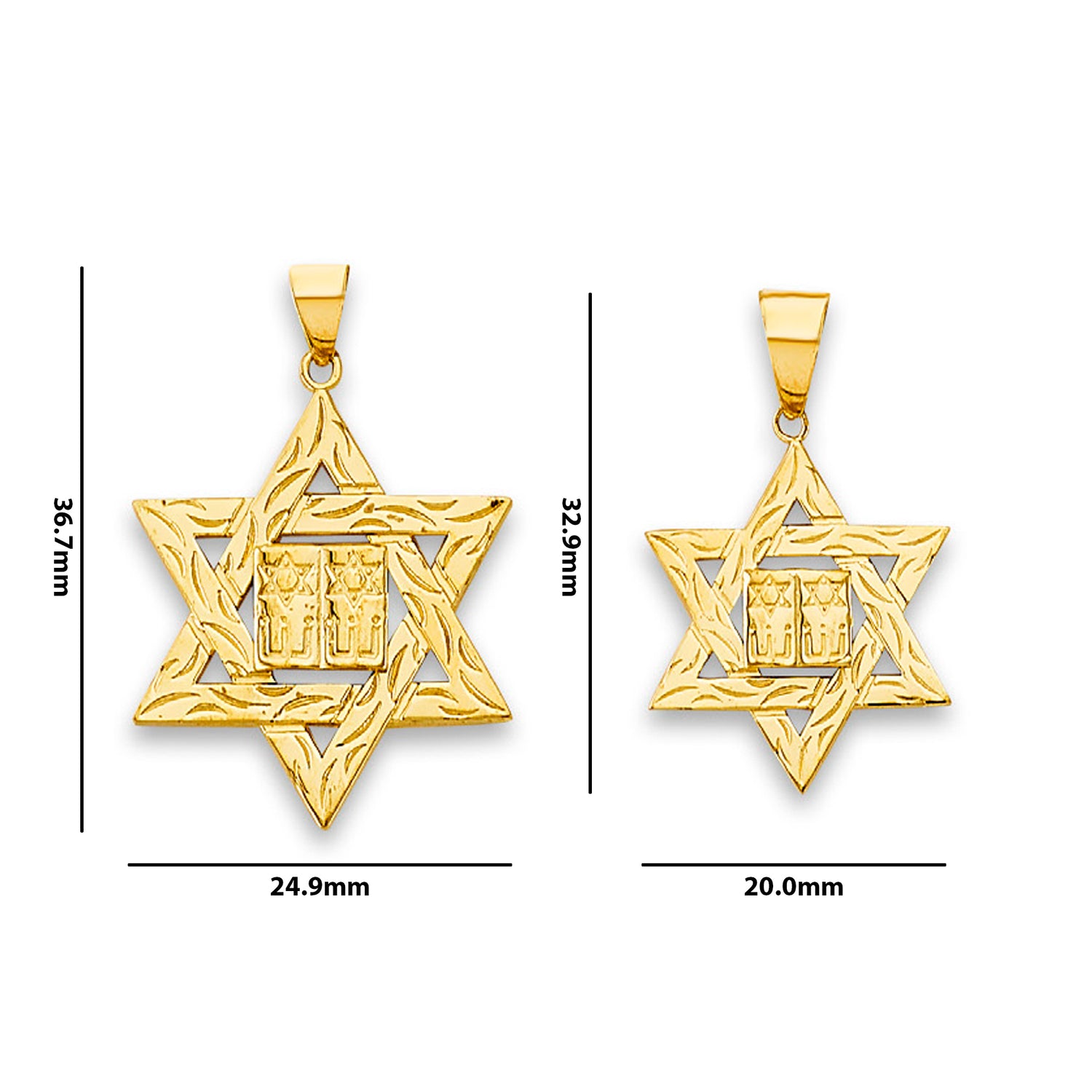 Yellow Gold Jewish Tablets Star of David Pendant with Measurement