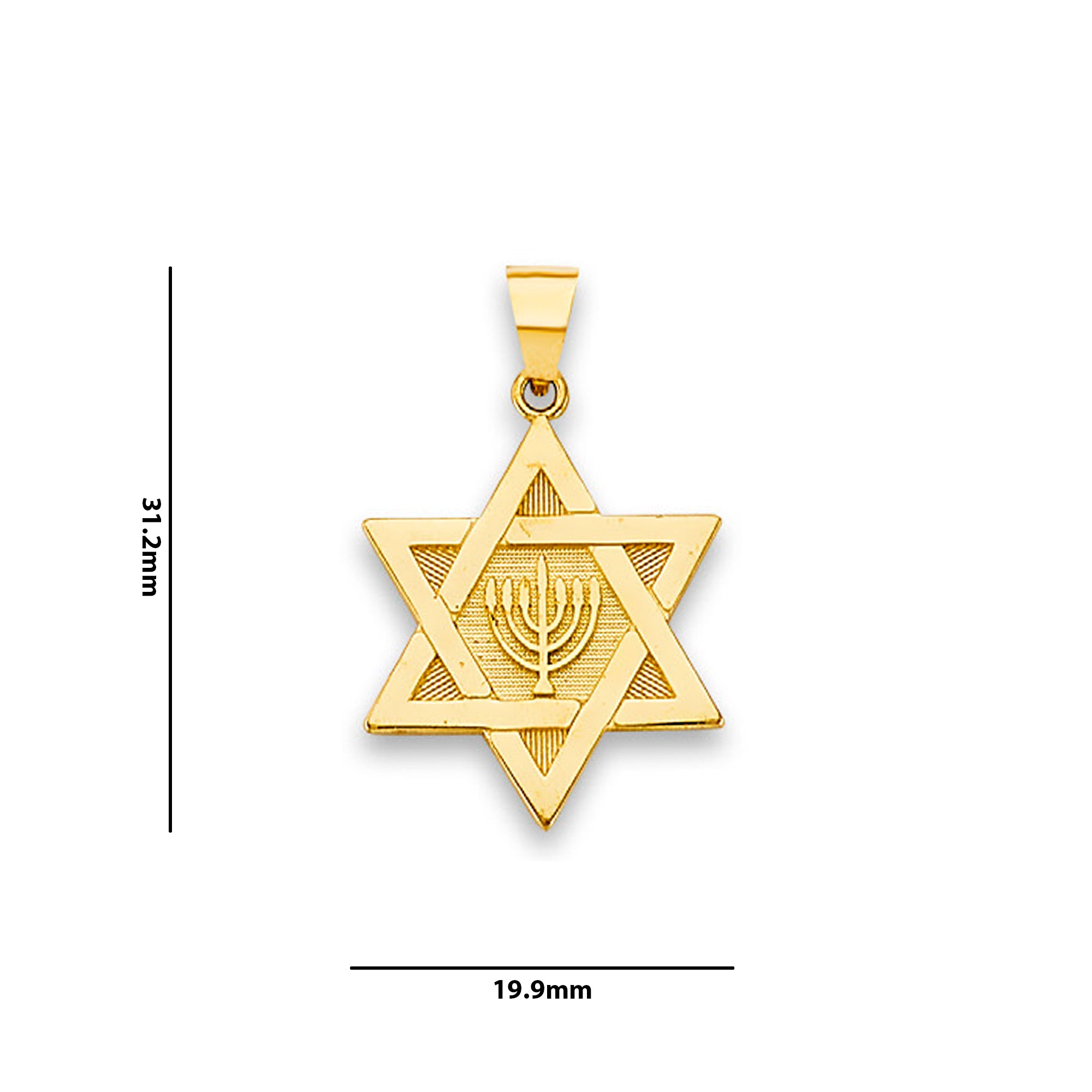 Yellow Jewish Menorah and Star of David Charm Pendant with Measurement