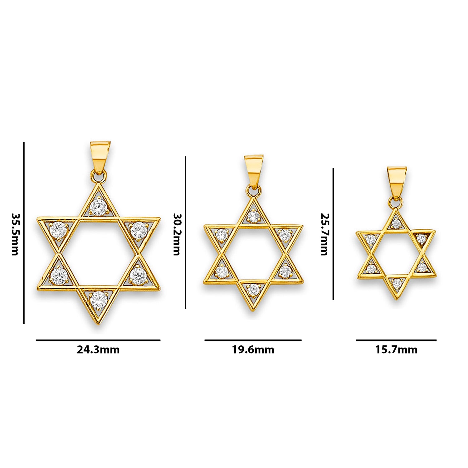 Yellow Gold Minimal Round CZ Star of David Pendant with Measurement