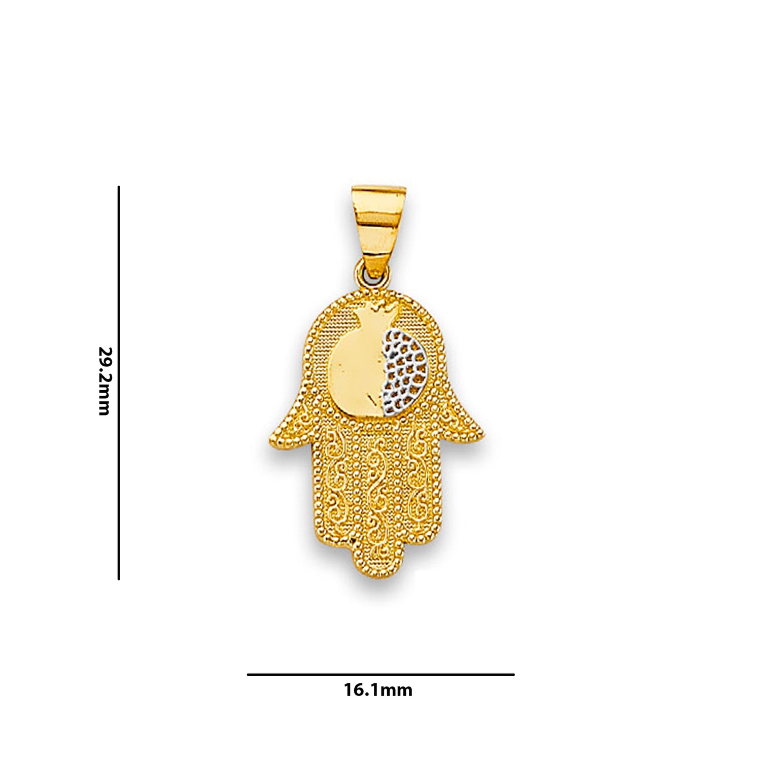 Two Tone Gold Hand of Hamsa Religious Pendant with Measurement