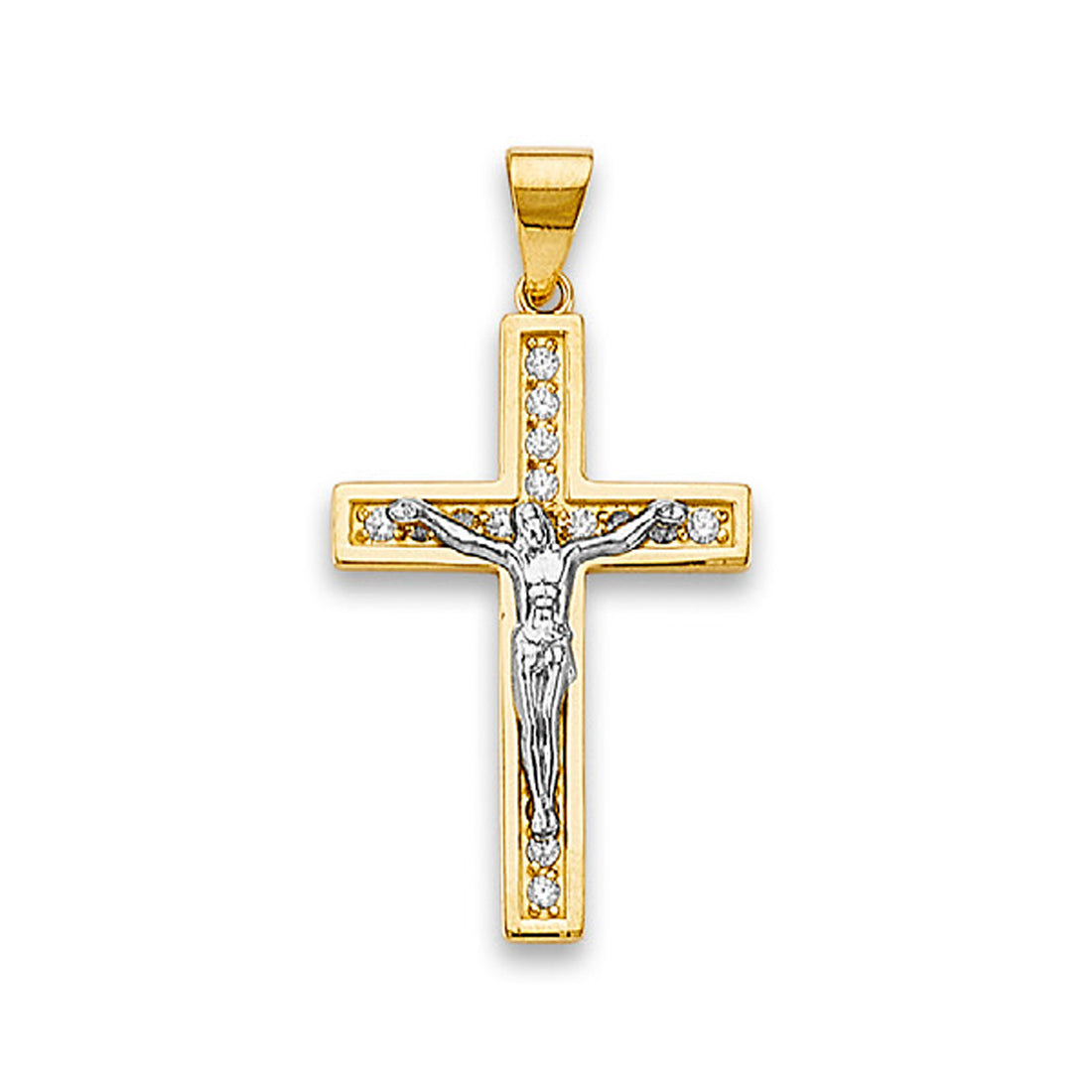 Two Tone Gold Round CZ Christ on the Cross Crucifix Pendant