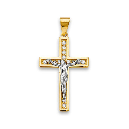 Two Tone Gold Round CZ Christ on the Cross Crucifix Pendant
