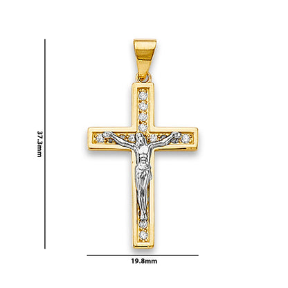 Two Tone Gold Round CZ Christ on the Cross Crucifix Pendant with Measurement