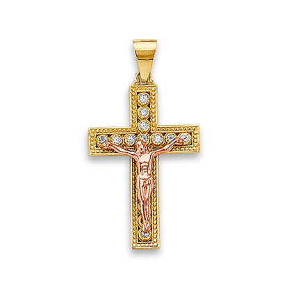 Two Tone Gold Round CZ Jesus Christ Crucifix Pendant