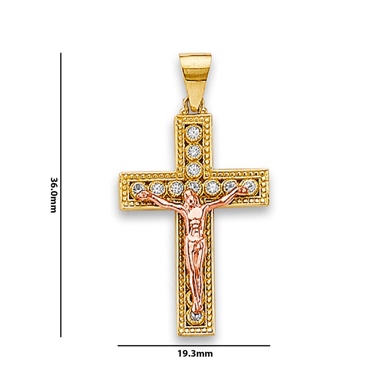 Two Tone Gold Round CZ Jesus Christ Crucifix Pendant with Measurement