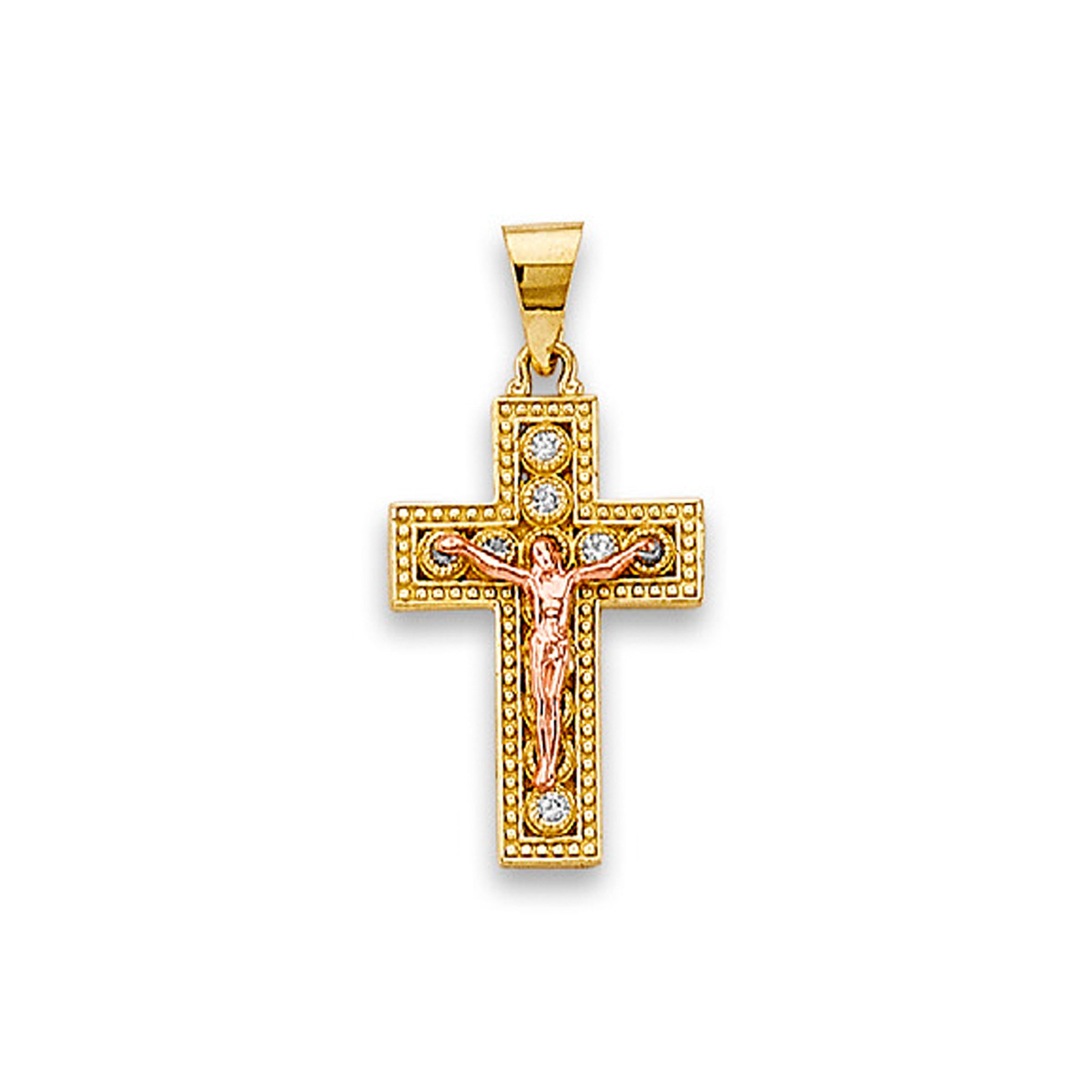 Two Tone Gold Bezel Set CZ Crucifix Religious Pendant