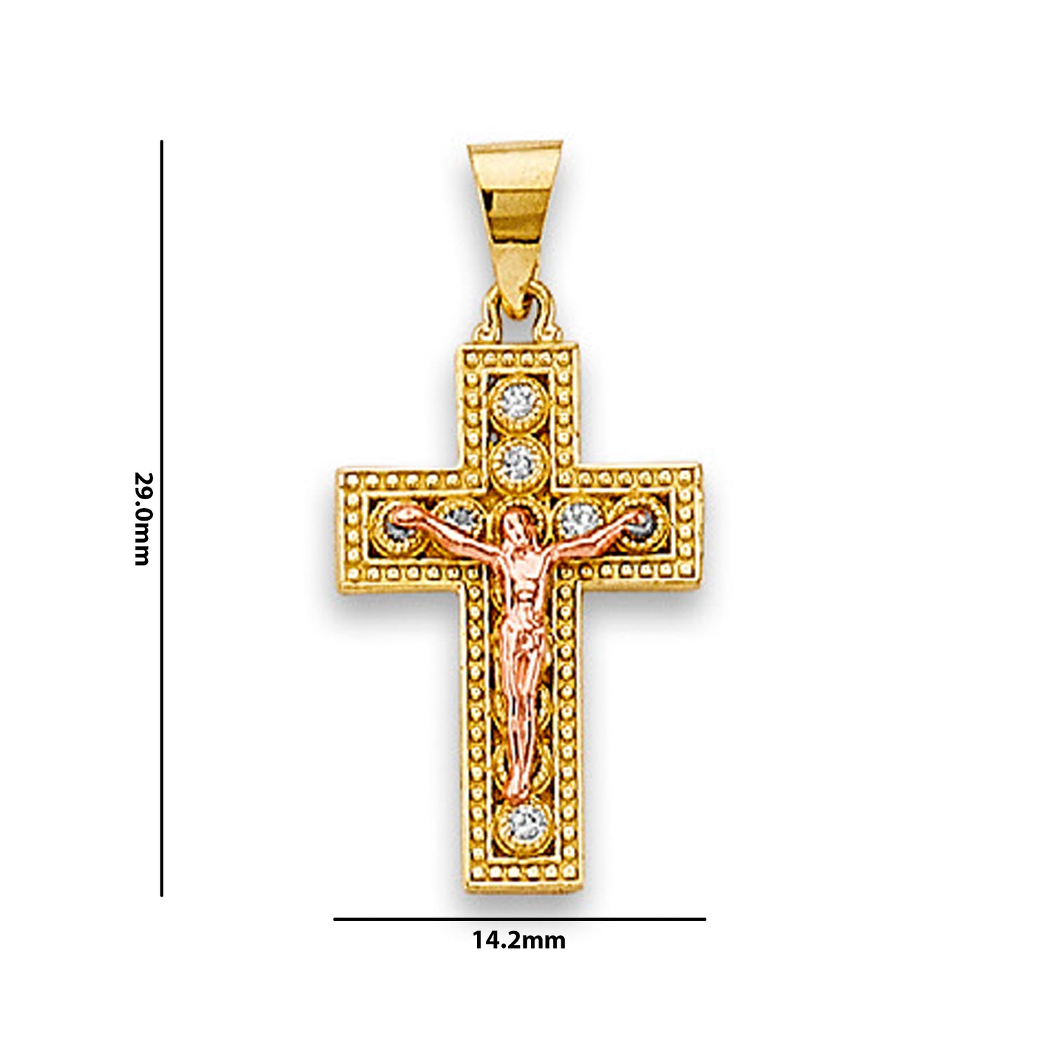 Two Tone Gold Bezel Set CZ Crucifix Religious Pendant with Measurement