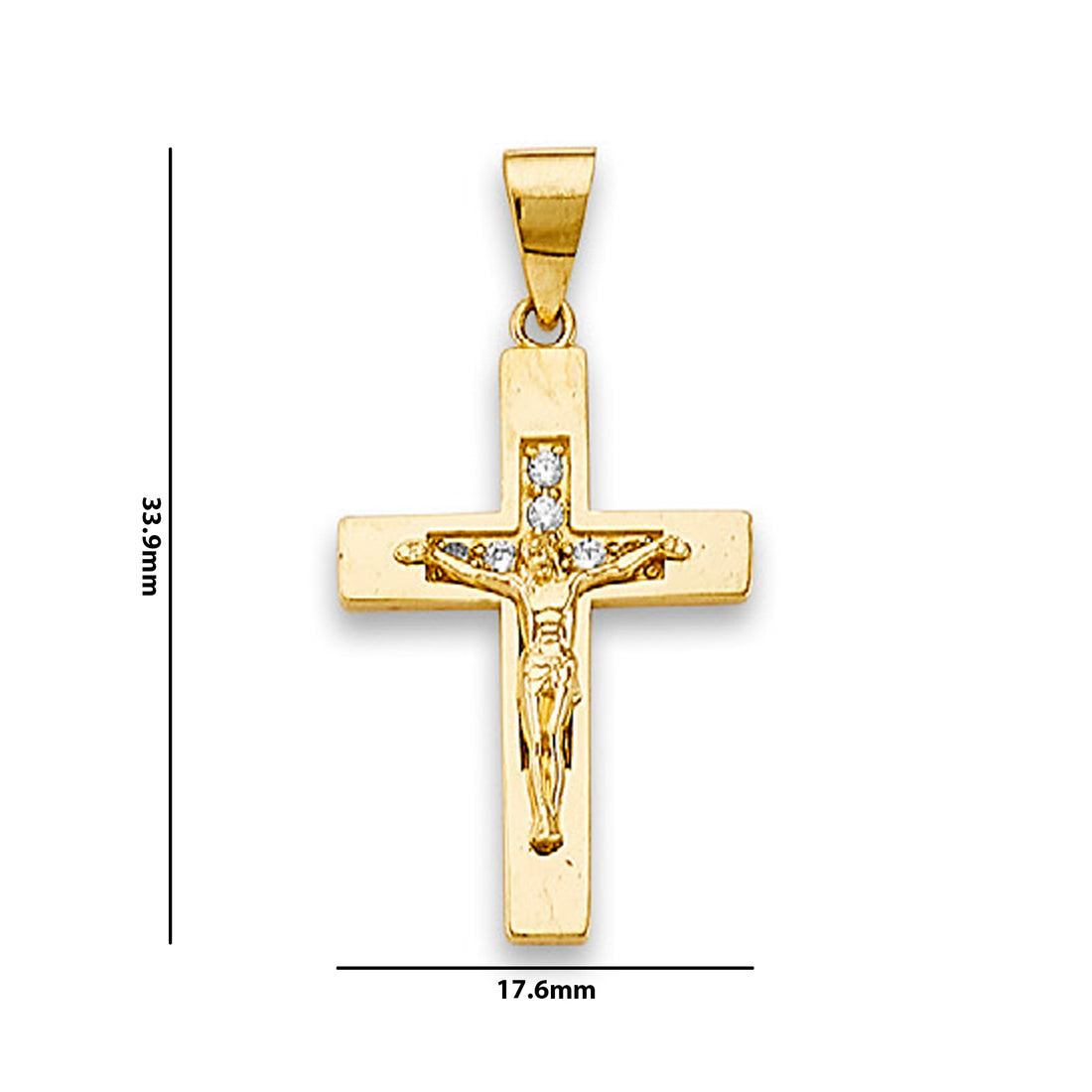 Yellow Gold CZ Semi-carved Crucifix Pendant with Measurement