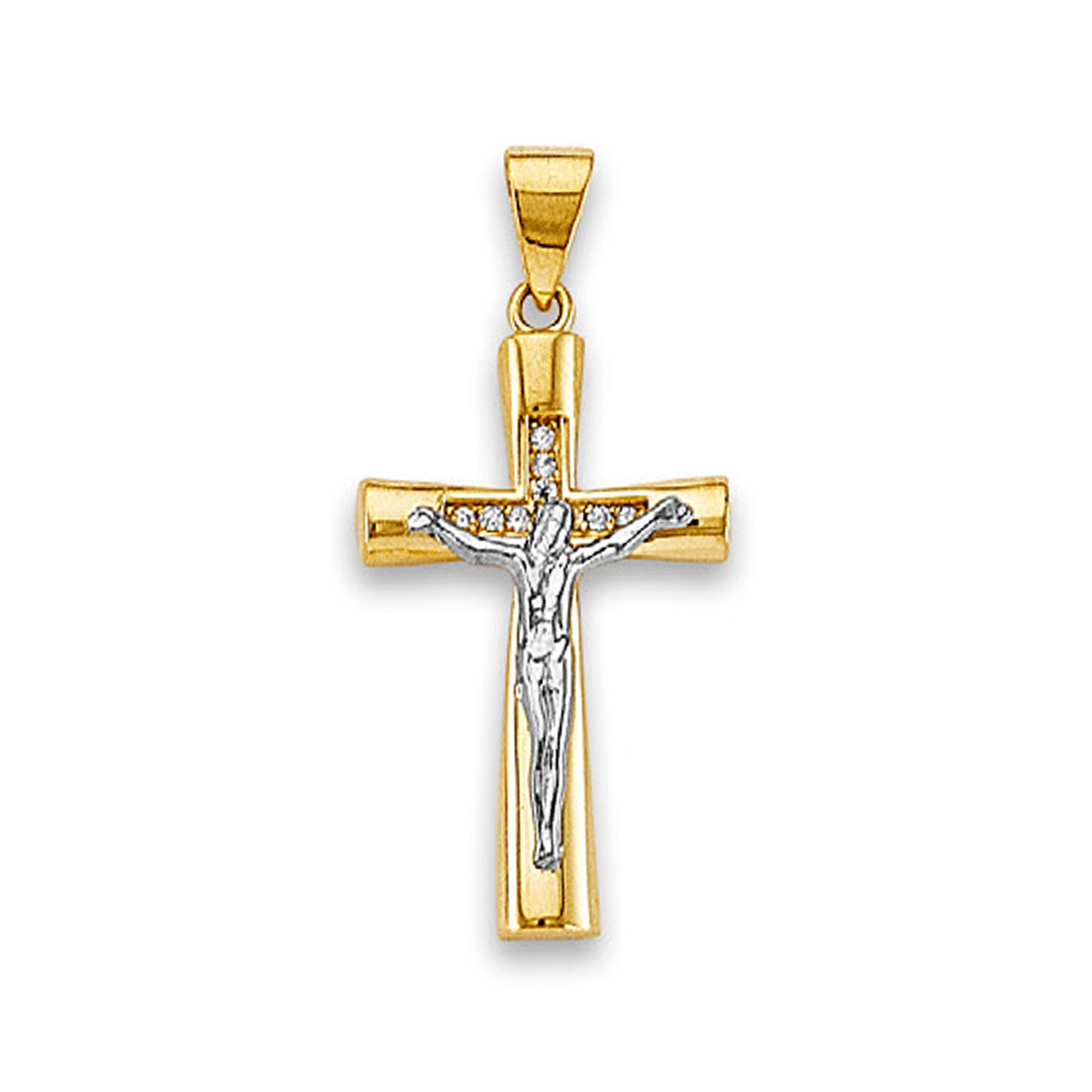 Two Tone Gold Round CZ Jesus Christ on the Cross Religious Pendant