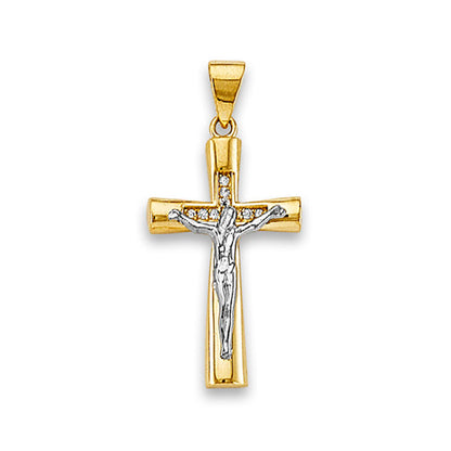 Two Tone Gold Round CZ Jesus Christ on the Cross Religious Pendant