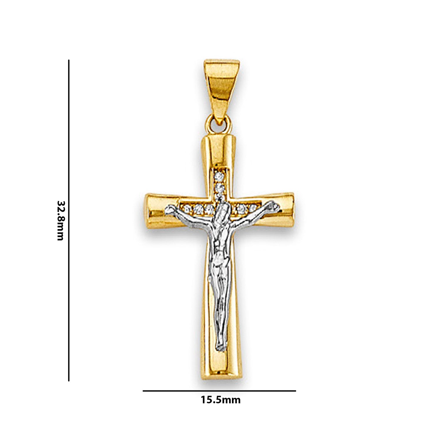 Two Tone Gold Round CZ Jesus Christ on the Cross Religious Pendant with Measurement