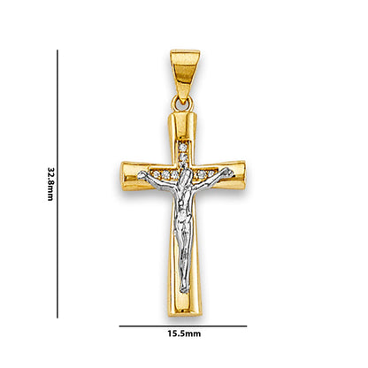 Two Tone Gold Round CZ Jesus Christ on the Cross Religious Pendant with Measurement