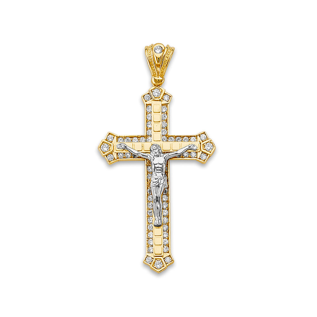 Two Tone Gold Round CZ Brick Textured Crucifix Pendant