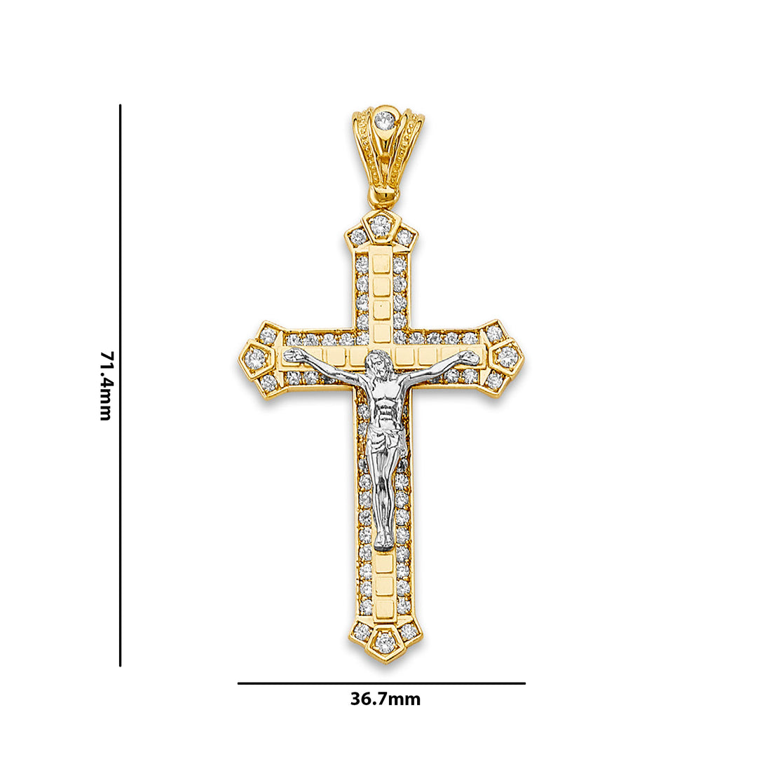 Two Tone Gold Round CZ Brick Textured Crucifix Pendant with Measurement