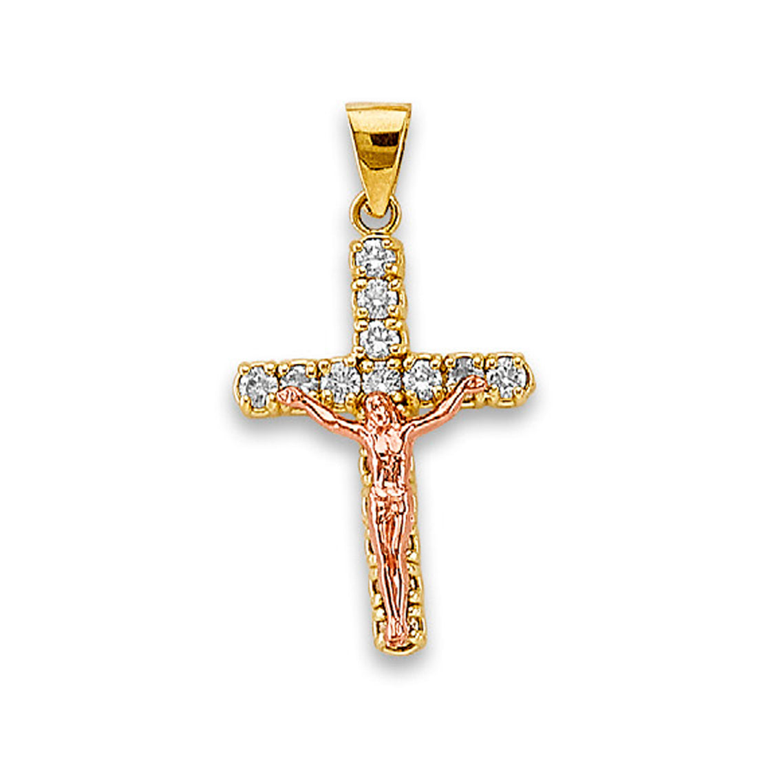 Two Tone Gold Round CZ Crucifix Cross Religious Pendant