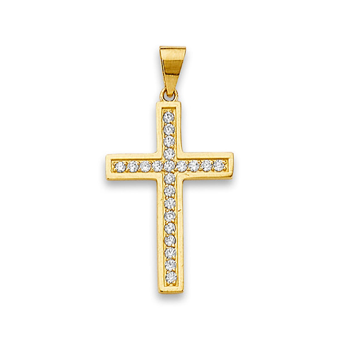 Yellow Gold Linear Round CZ Cross Religious Pendant 